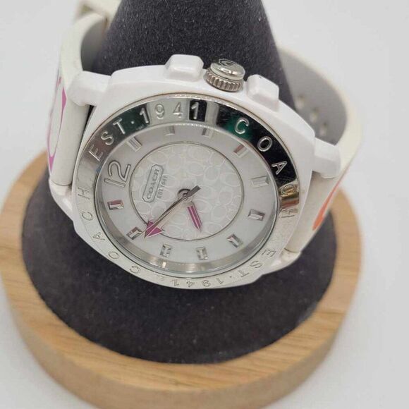 Coach Silver Tone Boyfriend Watch with Logo White Silicone Band NWOT! Working - Picture 4 of 11